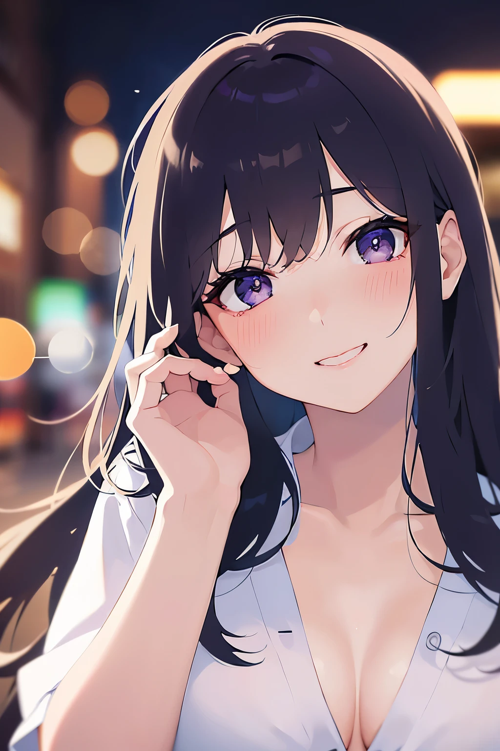 hand on own face、Biologically correct five fingers、Close-up of your face、head tilt, Cleavage、Realistic, real person, (pale skin: 1.2), RAW photo, photorealistic, shiny skin, shiny hair、(A 25-year-old woman with straight hair and bangs) and (medium hair) and (black hair) and (purple eyes) , (white) and (collared shirt)、smile, (blush:1.5), The background is a shopping street at night、Alone、Are standing