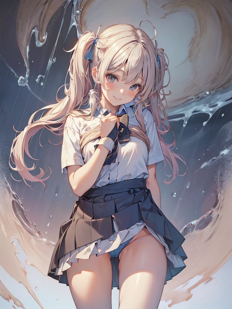 (NSFW), Masterpiece, Highest Quality, Official Art, (Highly Detailed CG Unity 8k Wallpaper), Detailed Background, (The Hands of Guido Daniele: 1.1),cowboy shot, 1, An Attractive and Perfect Beautiful Woman, Female Student, JK, Female Student Uniform, Wet Day, Lots of Rain, The Wind is Strong, (Curvaceous), (White Thighs: 1.12), (blue Long Hair: 1.12), (Ahoge: 1.13), (low twin tail hair: 1.12), light smile ,panty shot, 