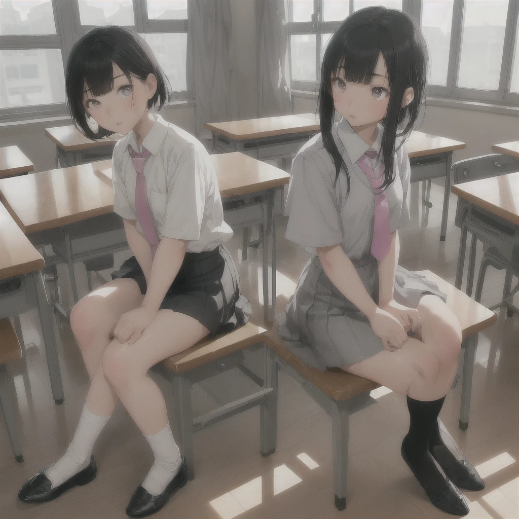 Asian teen, sharp face, small nose, pink small lips, grey asian eyes, grey short bangs, white school shirt, pink short tie, grey short skirt, short white socks, black fancy shoes,sitting in a tradition wooden classroom with a black board and a teacher writing on it, class mate with white shirt grey pants or skirt and white sock and black shoes