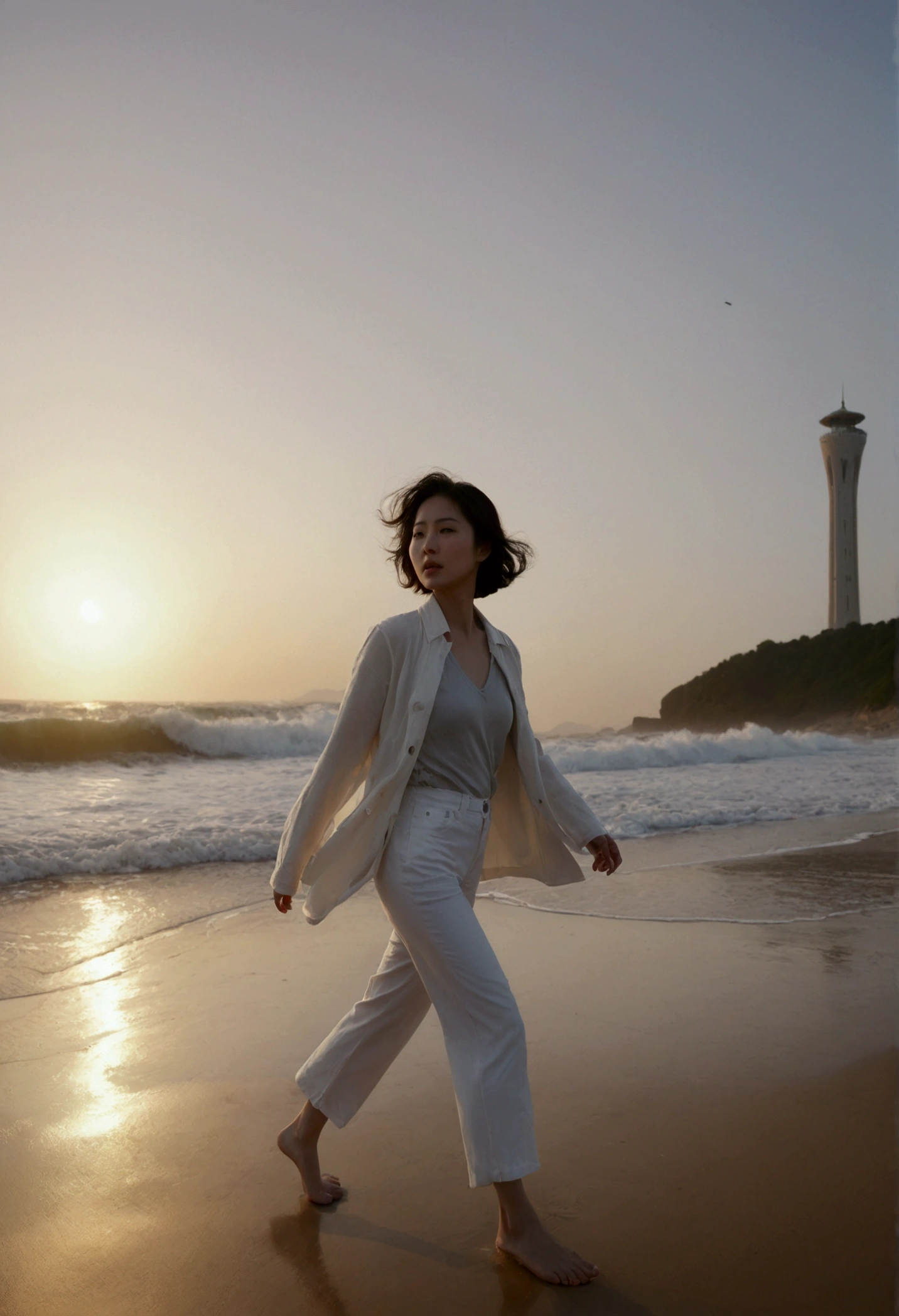 8k, realistic, lifelike photo, Realistic appearance of nature, beach at sunset, pale light, 36 year old Korean woman, short medium hair, woman walking along the beach. Close-up from afar with a wide-angle lens, tower, White pants, waves crashing