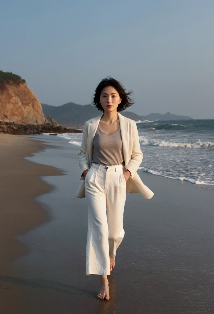 8k, realistic, lifelike photo, Realistic appearance of nature, beach at sunset, pale light, 36 year old Korean woman, short medium hair, woman walking along the beach. Close-up from afar with a wide-angle lens, tower, White pants, waves crashing