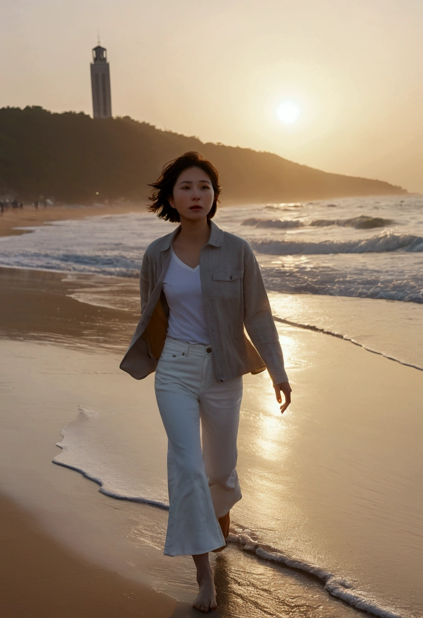 8k, realistic, lifelike photo, Realistic appearance of nature, beach at sunset, pale light, 36 year old Korean woman, short medium hair, woman walking along the beach. Close-up from afar with a wide-angle lens, tower, White pants, waves crashing