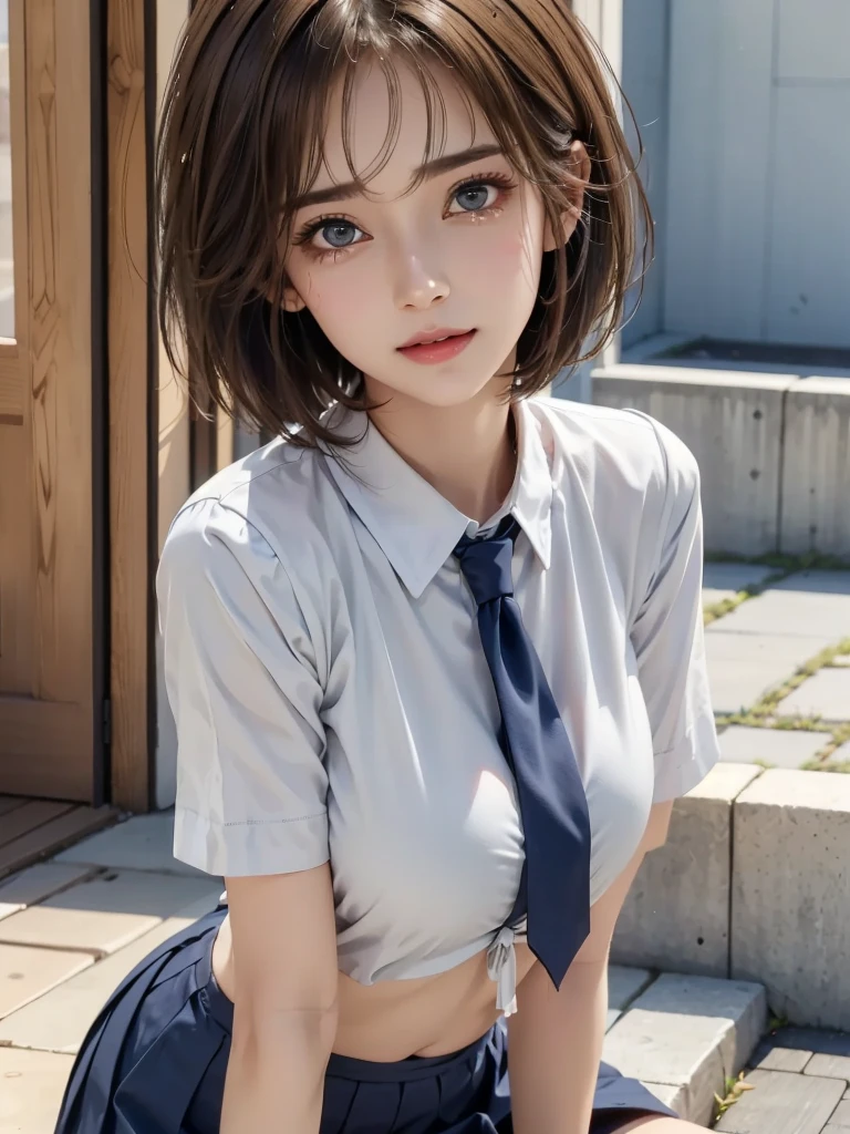 One Japan , Cute Girls, 16 years old, (school uniform), (White shirt), (Navy blue pleated skirt), miniskirt, (red neck tie), Skirt fluttering in the wind, Facing the camera, Are standing, perfection female form, perfection face, Glossy pink lips, Expressive eyes, eye shadow, eyeliner, Huge natural breasts, (Narrow waist), light brown hair, short hair, (floating hair), expressive hair, (over-rim glasses), mole under eye, eyeball, (crying with eyes open), (streaming tear), long eyelashes, (smile while crying), (cowboy shot), UHD, masterpiece, accurate, anatomically correct, textured skin, super detail, high details, high quality, best quality,