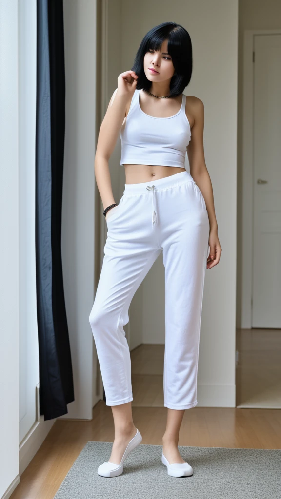 Slim, girl, NSFW, tight white cropped tanktop, loose black baggy pants, pants are falling off
