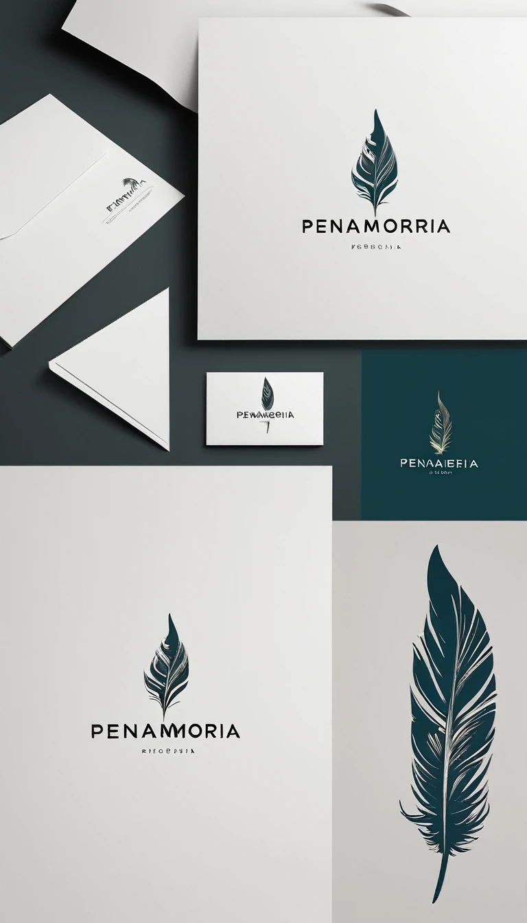 A minimal, modern, simple, cinematic logo design for the brand “Penamemoria". Create a modern, minimalistic, high-quality, logo of a feather that convey a sense of memories and dreams.