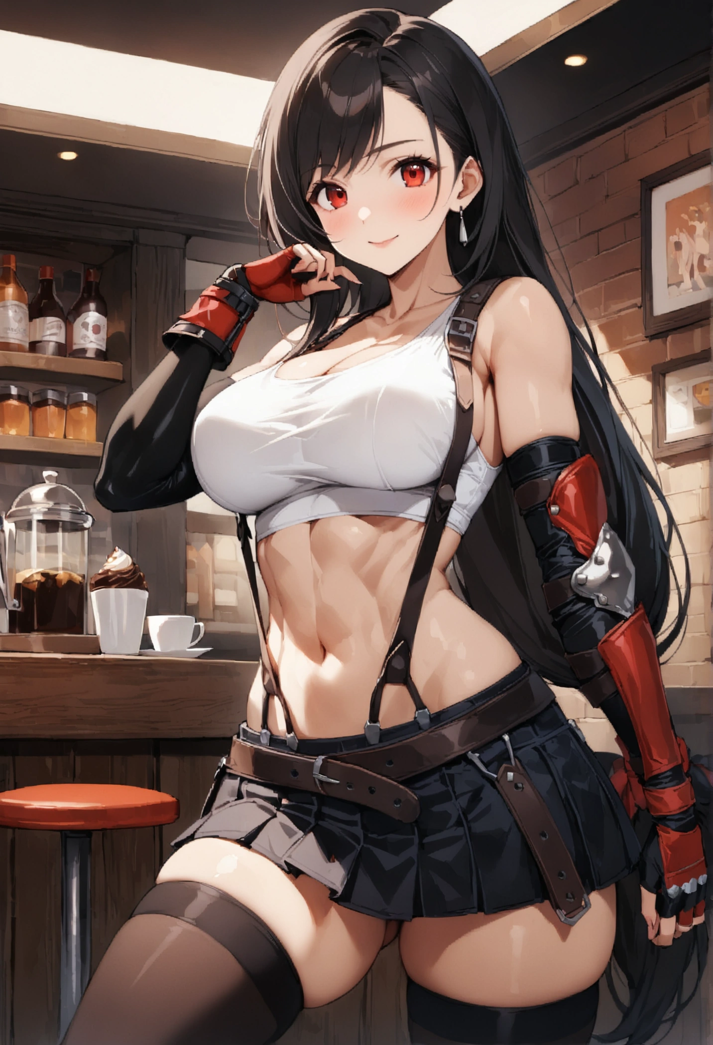 (score_9, score_8_up, score_7_up),  (best quality, masterpiece),perfect anatomy,(aesthetic,very aesthetic),official style,(intricate.hyper-detailed),overall detail, (ultra-high resolution), 1girl, tifa lockhart, final fantasy,(beautiful woman).tareme, black hair, low-tied long hair, red eyes, bangs, white tank top,gap, belt, pleated skirt, thighhighs, elbow fingerless gloves, elbow pads, midriff, navel,suspender skirt.zettai ryouiki ,,(large_breasts:1.2),Solo,mediumshot,looking_at_viewer,contrapposto, vibrant, joyful,cafe and bar, ,Framin,specular reflection,close-up of toned abdomen , ,