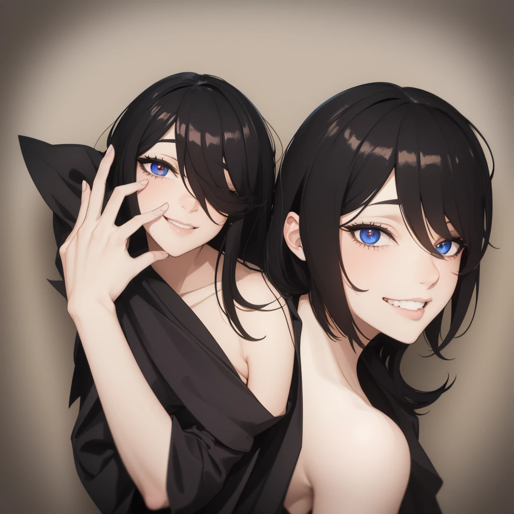 Browsing Caution,Portraiture,1 girl,Black Hair,Androgynous,Medium Hair,Side Lock,Covered,masterpiece,Highest quality,so beautiful,Absurd,Upper Body,Straight,big,Covered,smile,Double V,(Flipped_eye:1.2),From above,Show your hand, Ahegao