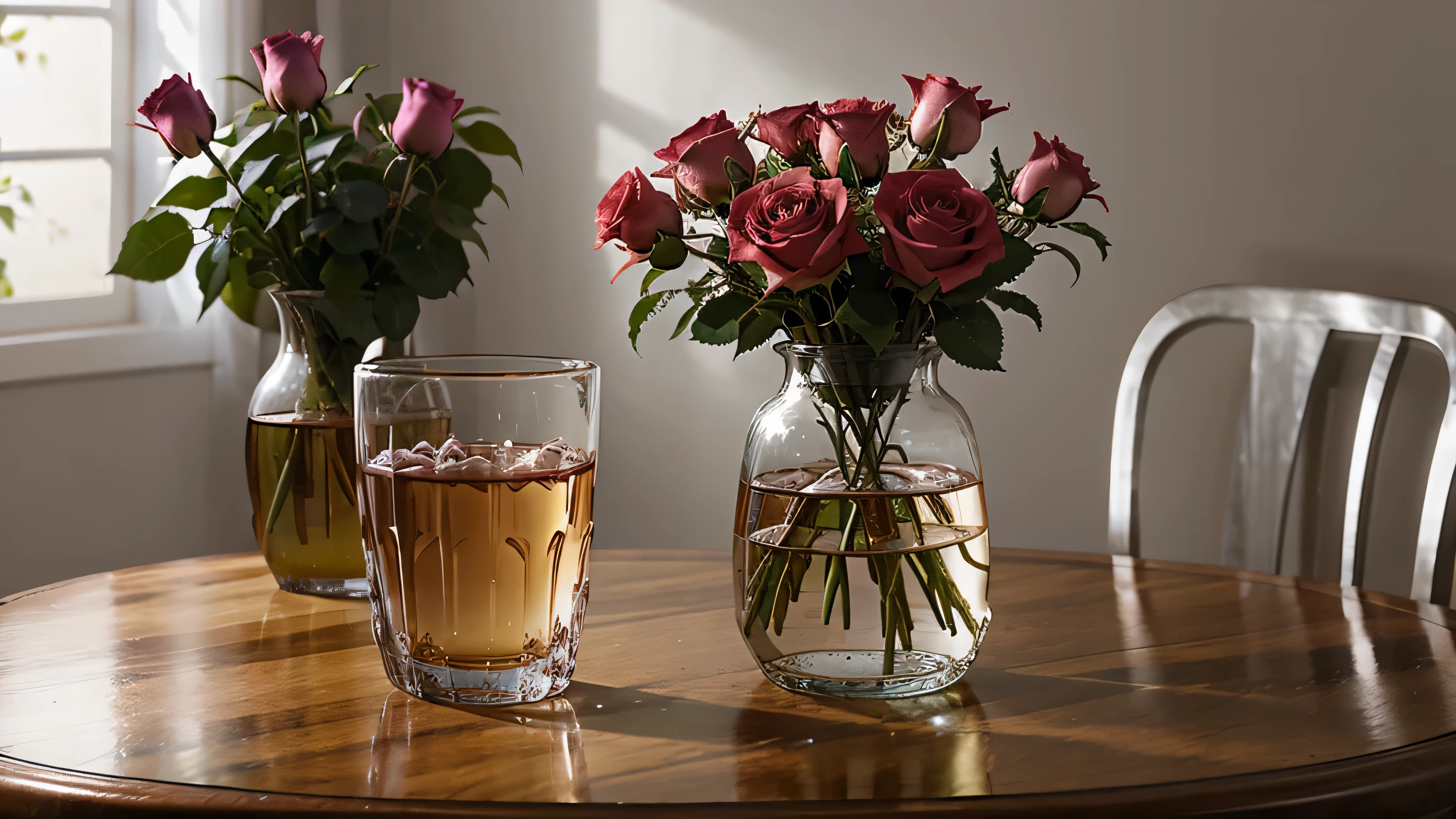 A heart-shaped clear glass vase with intricate swirling designs, taller on the left side. Inside, there is a large pink rose in the center, with curved stems and small flowers on the left side. Some stems extend above the vase. The background is simple gray, highlighting the pink roses and the clear glass vase.