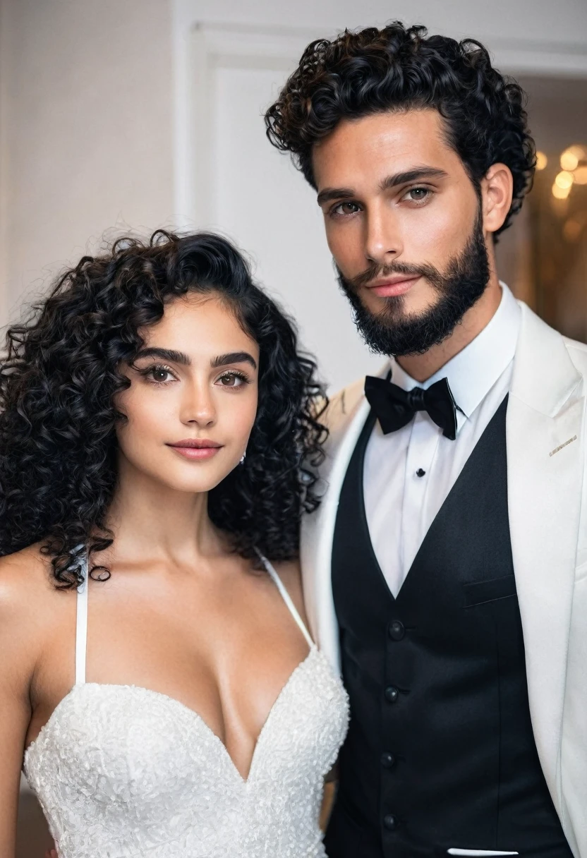 You can create an image of a handsome young man with a fine face, clear skin, black hair, barba, black gala dress, junto de una chica de clear skin, Curly hair, dressed in white gala 