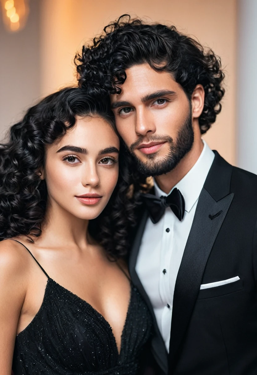 You can create an image of a handsome young man with a fine face, clear skin, black hair, barba, black gala dress, junto de una chica de clear skin, Curly hair, dressed in white gala
