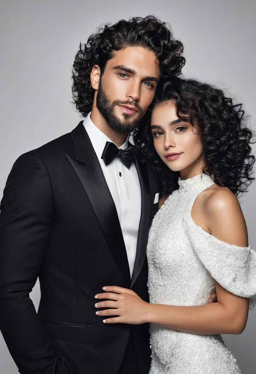 You can create an image of a handsome young man with a fine face, clear skin, black hair, barba, black gala dress, junto de una chica de clear skin, Curly hair, dressed in white gala