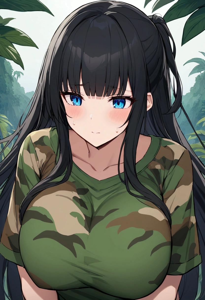 Hime cut with long black hair、Has straight bangs and blue eyes、A girl with big breasts wears camouflage in the jungle。Sweating。The background features a lush jungle landscape.。No dialogue
