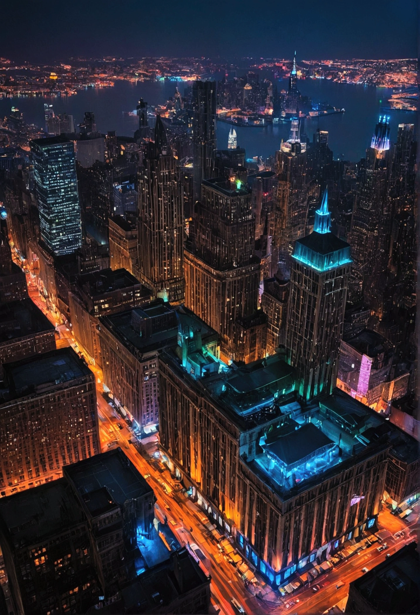Aerial view of Gotham City,night,Neon lights,drizzle