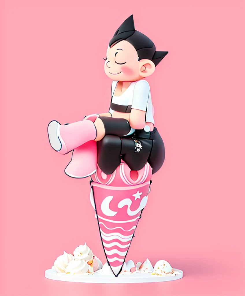 ice cream, solo, 1boy, male focus, food, closed eyes, simple background, boots, ice cream cone, sitting, smile, crossed legs, black hair, pink background, spiked hair