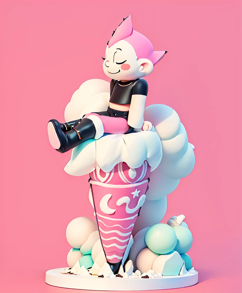 ice cream, solo, 1boy, male focus, food, closed eyes, simple background, boots, ice cream cone, sitting, smile, crossed legs, black hair, pink background, spiked hair