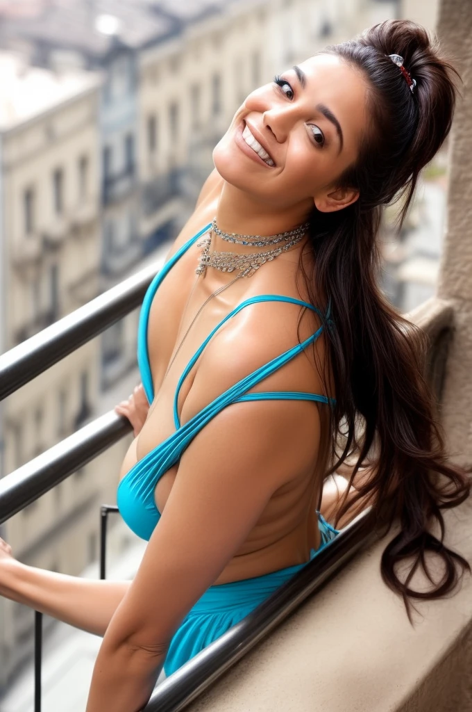 day scene, extreme close up photo of fully naked latina, big cheeks, sexy back, topless, swooping breasts, chin up, posing in a balcony, armpits, (blue eyes:1), ponytail, necklace, 30 yo, look at viewer and smile, (cinematic:1.3), intricate details, (ArtStation:1.2)