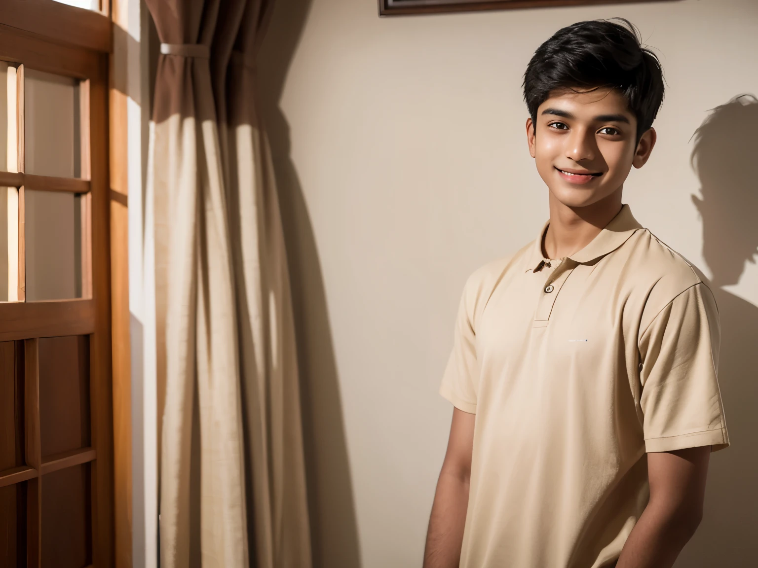 a indian 18 year old boy is standing straight looking into camera and very excited and happy