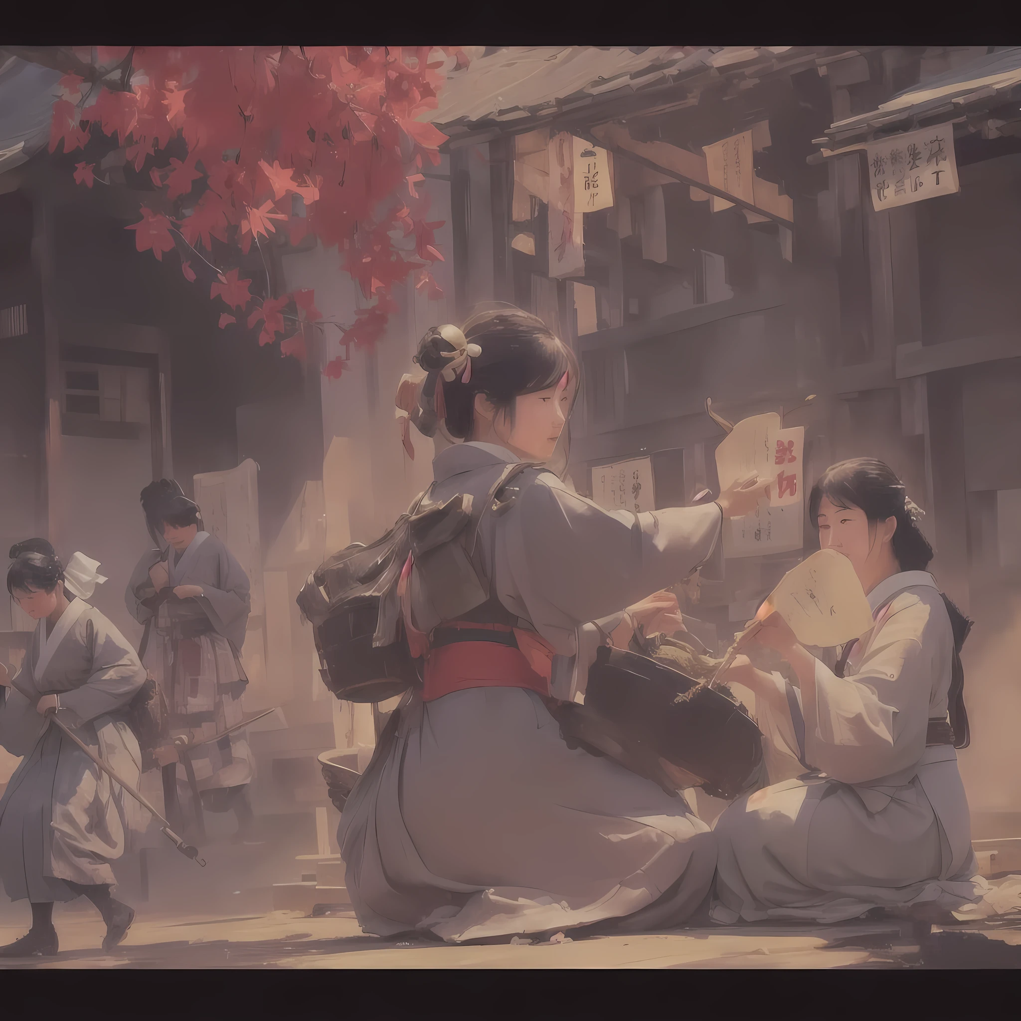 Woman sitting on the ground and a large group of people々Picture, Gwaiz on pixiv artstation, Gwaiz, Gwaiz on artstation pixiv, artwork in the style of Gwaiz, Gwaiz masterpiece, Jan J, Beautiful artwork illustration, Written by Zou Zhe, Zeng Jing Blazing flames, fire, crowd, throng, freezing, mother warming her baby.Scenery and Cityscape in the Early Meiji Era After the Meiji Restoration, Japan underwent rapid modernization and civilization. Consequently, many changes and reforms occurred. Below is a detailed explanation of the scenery, appearance of the poor, occupations, and cityscapes in the early Meiji period (1868 to the early 1880s). 2. Appearance of the Poor Life for the impoverished and lower classes remained harsh. In particular, in urban areas, people migrated from rural areas or unemployed artisans gathered, intensifying competition in the labor market. Many of them struggled with poverty, often residing in slums or around temples. 3. Occupations Meiji early Japan witnessed a diversification of occupations. Traditional agriculture and handicrafts were accompanied by the rise of modern industry and commerce. Particularly in urban areas, factory workers, shop clerks, and transporters increased, giving rise to new professions. However, many in these occupations endured harsh working conditions. 4. Influence of Civilization and Enlightenment During the Meiji era, Western cultural influences spread rapidly. Changes in clothing, dietary habits, and the proliferation of Western-style architecture advanced, especially in urban areas. Conversely, this development posed a threat to traditional culture and lifestyles, resulting in societal upheaval and adaptation challenges. 5. Social Change and Policy Influence While promoting modernization policies, the government also addressed poverty and social issues. Legislation for labor protection and charitable activities to aid the poor were implemented. Nevertheless, living conditions for the impoverished scarcely improved. The early Meiji period marked a rapid transformation in Japan, with complex social 
