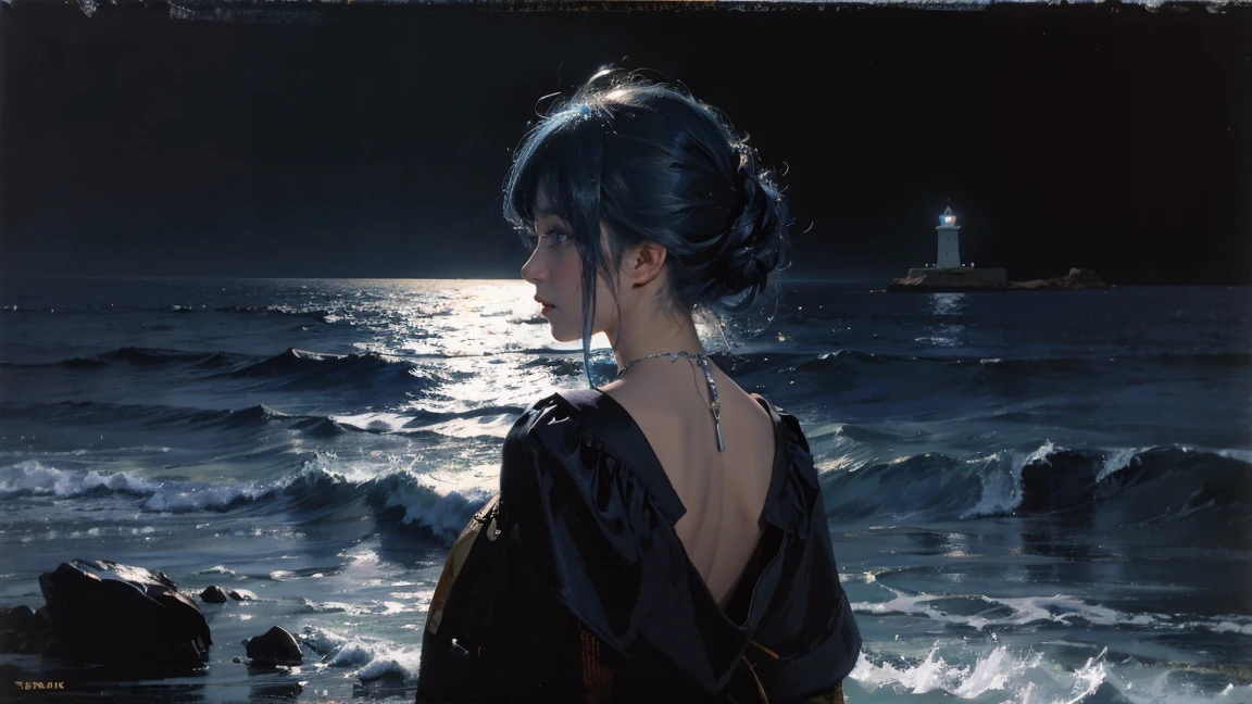 night,Oil painting style,The back of a girl,Blue Hair,ocean,dark,lighthouse