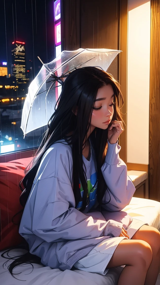 Sleeping in bed at home,There is a TV,Outside the window, the night rain,beautiful girl, UHD Portrait, (high quality) (Super detailed) Observation of viewers wearing hip-hop street fashion; different, colorful, Long hair in color 🌈