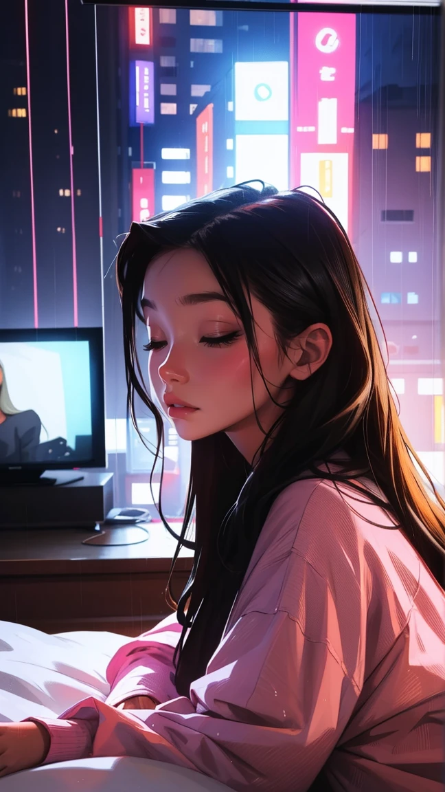 Sleeping in bed at home,There is a TV,Outside the window, the night rain,beautiful girl, UHD Portrait, (high quality) (Super detailed) Observation of viewers wearing hip-hop street fashion; different, colorful, Long hair in color 🌈