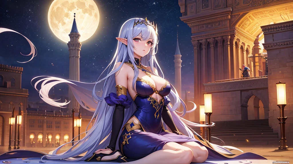 high quality、8k、Arabic style portrait of a woman sitting on a bench in front of a castle, night、full moon、Gwaise Style、neon、Beautiful fantasy anime, Detailed fantasy digital animation, Fantasy anime style, epic Fantasy anime style hd, Detailed fantasy anime, Beautiful and elegant elven queen, 2. 5d cgi anime fantasy artwork, Epic fantasy digital art style, Fantasy-style anime, Very beautiful fantasy art、16：9