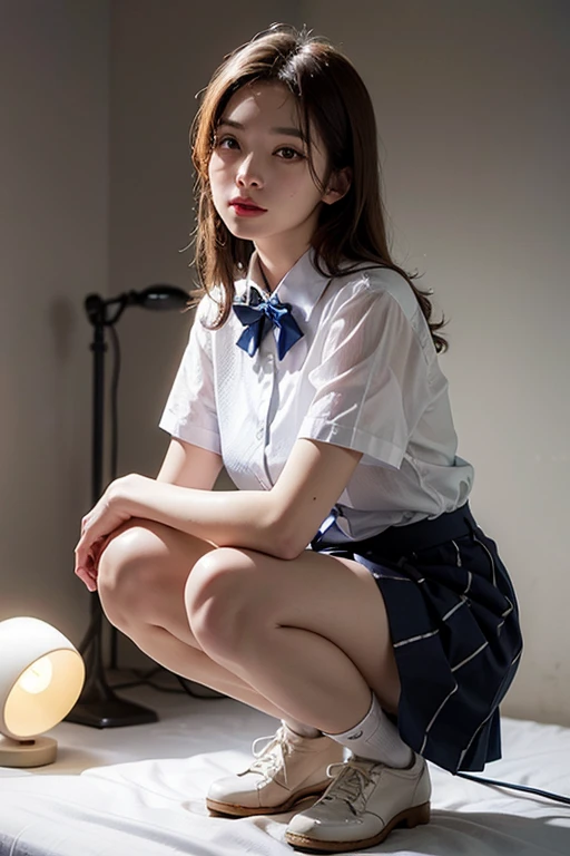 (Photorealism: 1.4), (Surrealism: 1.4), (Practical: 1.3), (Soft lighting: 1.05), (Improved lighting: 0.9), 32k, A Japanese woman smiled faintly, Realistic lighting, Backlight, Surface lamp, Ray Tracing, (Bright Light: 1.2), (Quality Improvement: 1.4), ( Top quality realistic textured skin: 1.4), Exquisite eyes, Delicate face, High-quality eyes, Dark brown eyes, (tired, Sleepy and satisfied: 0.0), Pale Light, White shirt, bow tie, Navy blue skirt, Silk white ankle socks with rolled and frayed hems, White background, Squatting on the bed