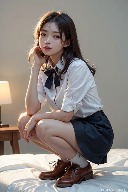 (Photorealism: 1.4), (Surrealism: 1.4), (Practical: 1.3), (Soft lighting: 1.05), (Improved lighting: 0.9), 32k, A Japanese woman smiled faintly, Realistic lighting, Backlight, Surface lamp, Ray Tracing, (Bright Light: 1.2), (Quality Improvement: 1.4), ( Top quality realistic textured skin: 1.4), Exquisite eyes, Delicate face, High-quality eyes, Dark brown eyes, (tired, Sleepy and satisfied: 0.0), Pale Light, White shirt, bow tie, Navy blue skirt, Silk white ankle socks with rolled and frayed hems, White background, Squatting on the bed
