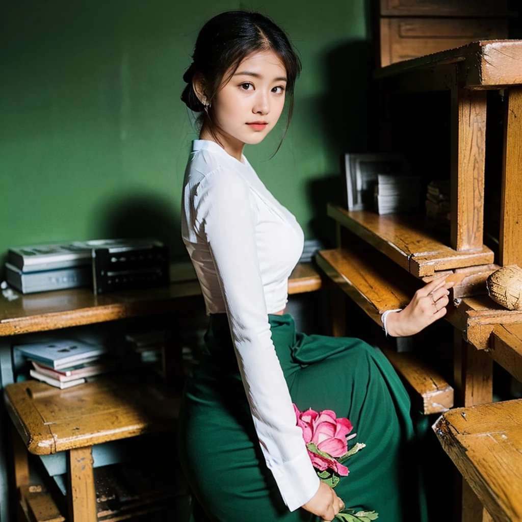 a 30 year old tall, thin female teacher with big hips, big breasts, black hair, small lips, brown eyes, attractive, wearing a white Burmese blouse with long sleeves, buttoned at the side, dark green long skirt, female Burmese sandals, hair in a knotted bun, looking back over her shoulder