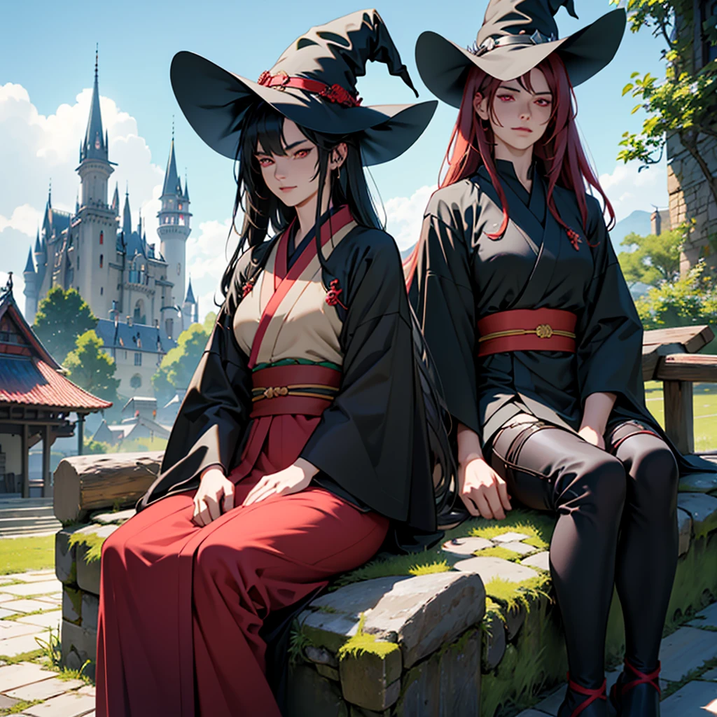 make a 29 year old witch girl with long dark hair and light red eyes wearing a black tunic and a witch hat sitting next to a 30 year old boy with short green hair and light eyes wearing armor and a kimono in front of a medieval square with people and a castle in the background 