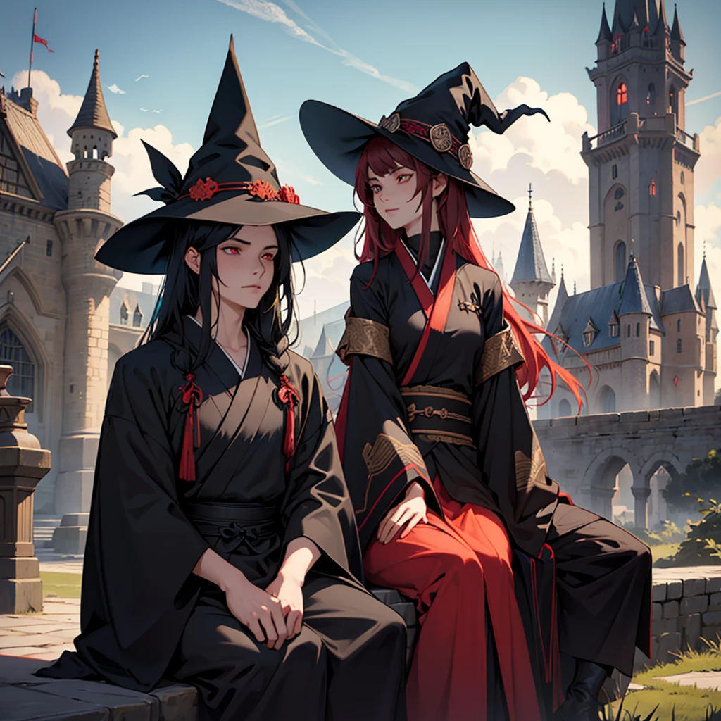 make a 29 year old witch girl with long dark hair and light red eyes wearing a black tunic and a witch hat sitting next to a 30 year old boy with short green hair and light eyes wearing armor and a kimono in front of a medieval square with people and a castle in the background