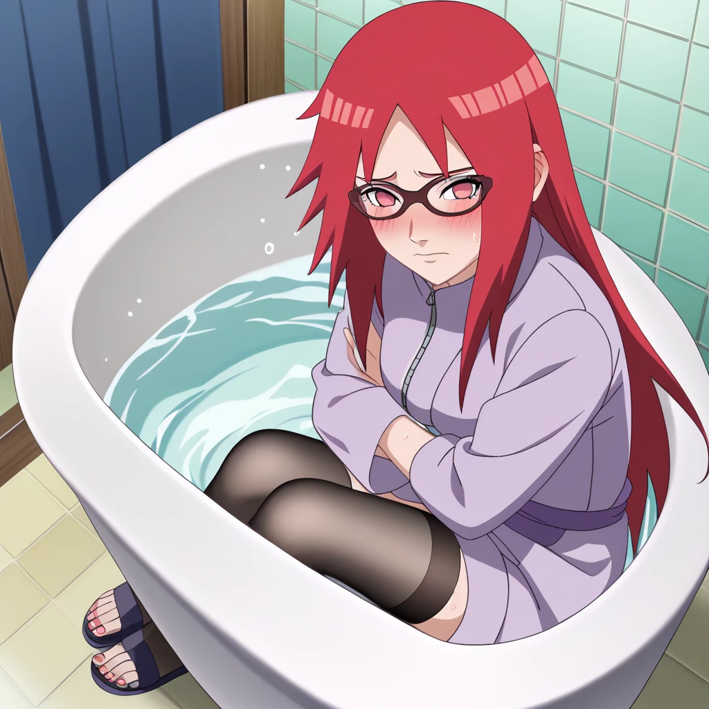 Red hair, 1 Girl, Glasses, Long hair, Red Eyes, Umbilical cord, Looking at the audience, No students, sit,Keep your legs together, zipper,Closed-toe shoes, Japanese cartoons screencap, Japanese cartoons coloring,src_Japanese cartoons,Naruto \(series\), Naruto shippuuden,((blush,nervous,Vision,))masterpiece, absurd , (Intricate details), (Colorful), light, Extremely detailed CG Unity 8k wallpaper ,1 Girl, solo,(sit在浴缸里,优雅的sit着,Bathrobe,Keep your clothes conservative,bubble bath,Soaked in water,shy,Medium chest, ),sweat,blush,blush1.5,Blush。Lace dress,bathroom,night,((Lace dress,Black stockings,big bathtub,Sling group,))
