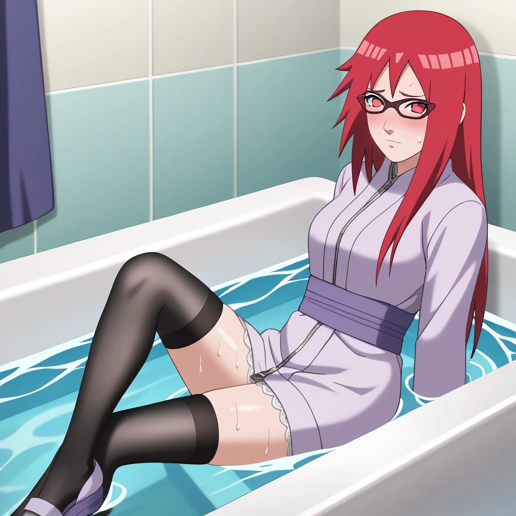 Red hair, 1 Girl, Glasses, Long hair, Red Eyes, Umbilical cord, Looking at the audience, No students, sit,Keep your legs together, zipper,Closed-toe shoes, Japanese cartoons screencap, Japanese cartoons coloring,src_Japanese cartoons,Naruto \(series\), Naruto shippuuden,（（blush，nervous，Vision，））masterpiece， absurd ， （Intricate details）， （Colorful）， light， Extremely detailed CG Unity 8k wallpaper ，1 Girl， solo，（sit在浴缸里，优雅的sit着，Bathrobe，Keep your clothes conservative，bubble bath，Soaked in water，shy，Medium chest， ），sweat，blush，blush1.5，Blush。Lace dress，bathroom，night，（（Lace dress，Black stockings，big bathtub，Sling group，））