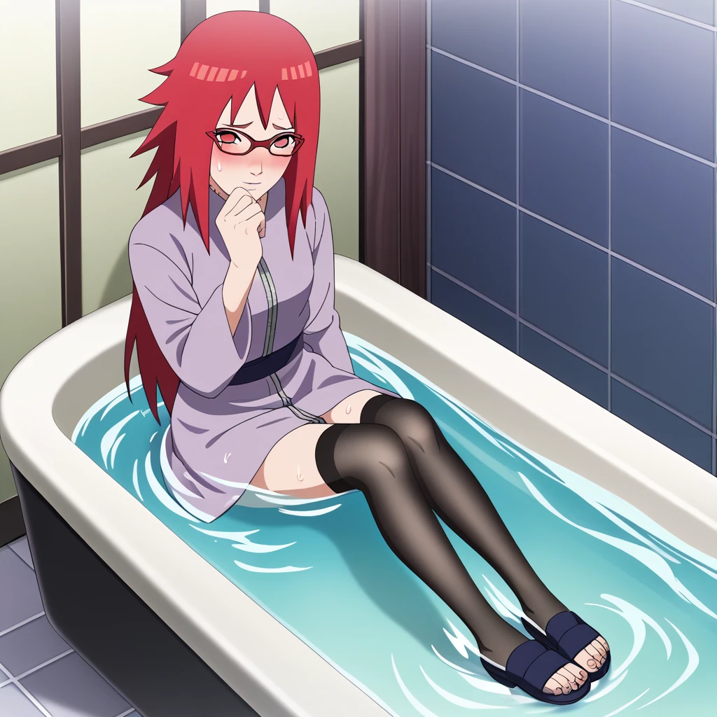 Red hair, 1 Girl, Glasses, Long hair, Red Eyes, Umbilical cord, Looking at the audience, No students, sit,Keep your legs together, zipper,Closed-toe shoes, Japanese cartoons screencap, Japanese cartoons coloring,src_Japanese cartoons,Naruto \(series\), Naruto shippuuden,((blush,nervous,Vision,))masterpiece, absurd , (Intricate details), (Colorful), light, Extremely detailed CG Unity 8k wallpaper ,1 Girl, solo,(sit在浴缸里,优雅的sit着,Bathrobe,Keep your clothes conservative,bubble bath,Soaked in water,shy,Medium chest, ),sweat,blush,blush1.5,Blush。Lace dress,bathroom,night,((Lace dress,Black stockings,big bathtub,Sling group,))