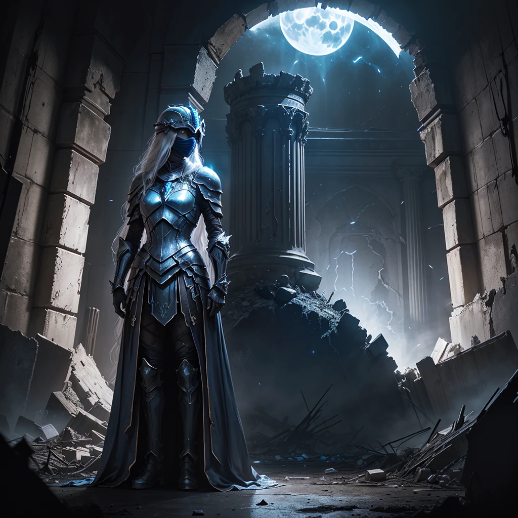 Tall old queen in a decrepit and old full body metallic magic armor with blue lights, with a enclosed helmet, (((face covered in darkness))), white long hair, standing in the middle of a destroyed and abandoned throne room at night, (((in the dark))), ((moon light)), full body
