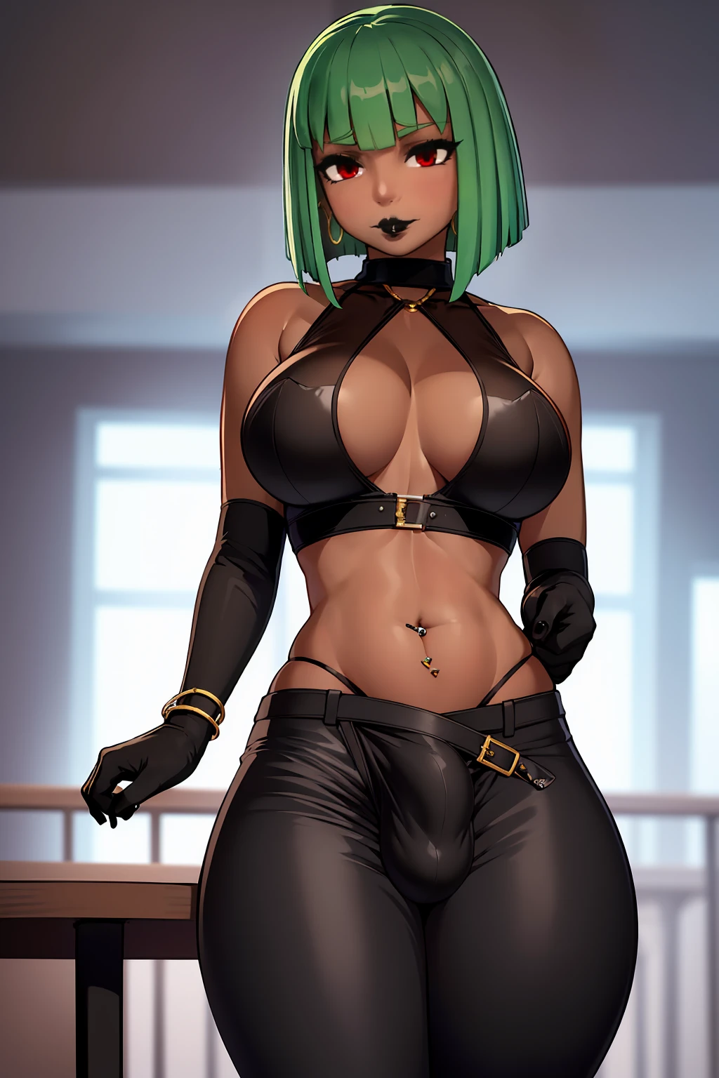 (solo:1.1),(masterpiece), (best quality:1.3), highly detailed, intricate, professional art, digital art, absurdres, confidant, emerald sustrai, futanari emerald sustrai wearing a crop top with arm gloves and pants confidently in a club,(Black see through top:1.4), (pants:1.6), 1girl, solo, (dark skin:1.5), green hair, bob hair, gold hoop earrings, gold jewellery, ab lines,(gold navel piercing:1.1), detailed stomach, red eye colour, dark skin, average breasts, (aroused:1.2), (futanari:1.1), (wide hips:1.4), (makeup 1:1), beestung lips, (black lipstick:1.3), large penis, panty straps riding hips, (large crotch bulge:1.4), crotch bulge, large testicles , furniture, fontal view, universal lighting