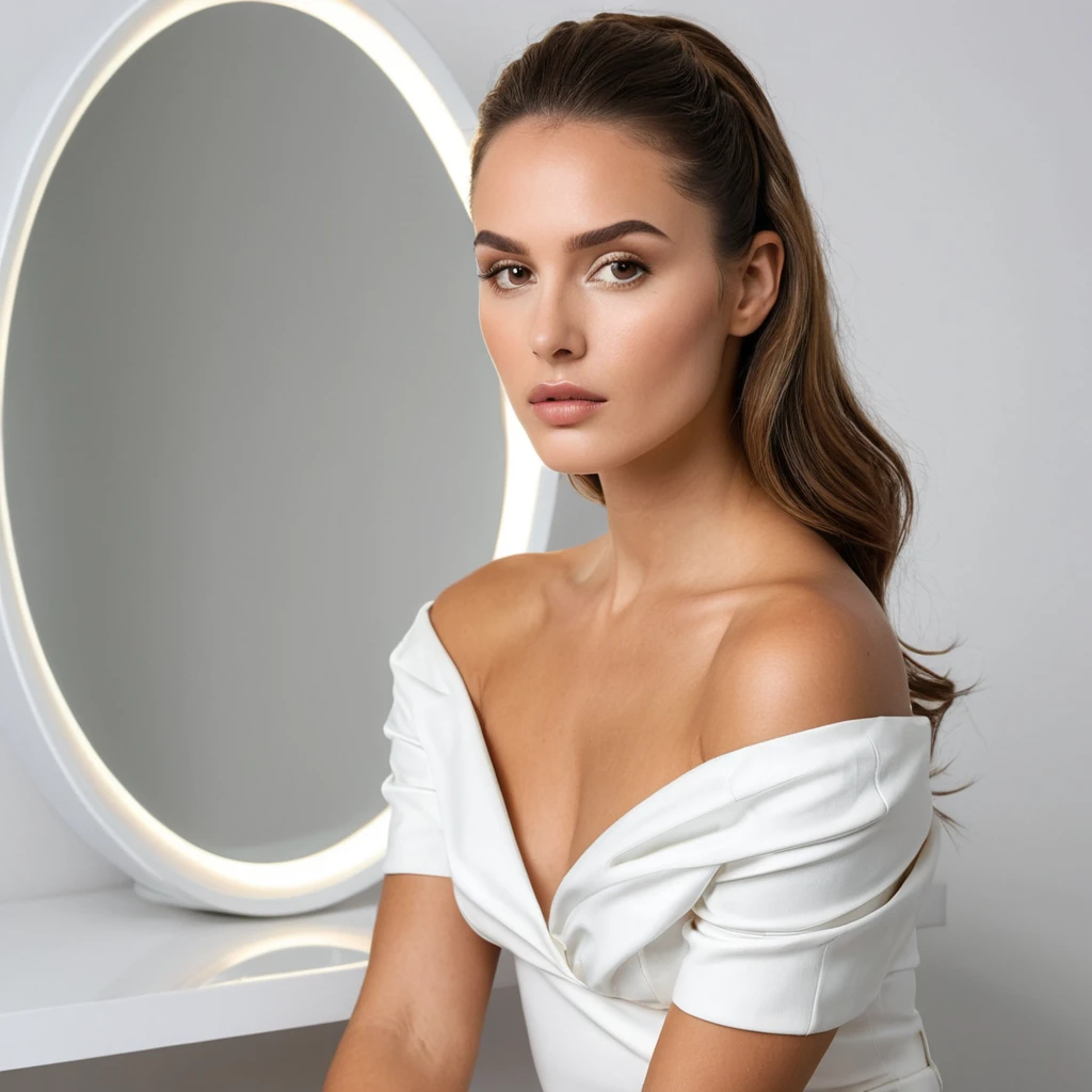 beautiful brunette, (((oval face shape with golden proportions, tall and defined cheekbones, gently angular jaw, slightly pointed chin, medium forehead with gently arched hairline))), wavy brown hair in a sleek half-up hairstyle, ((arched eyebrows)), (((contemplative pose, sitting on a white cube, Multiple reflections visible in strategically placed mirrors))). (((Wide medium shot, showing the character from the thigh up, with a pristine white background and mirror panels creating an illusion of infinity))). highy detailed, 20 year, ((eyes browns)). (((Nose with straight back, slightly rounded tip, harmonious proportion with the face, symmetrical and refined nostrils))). ((Medium, well-defined lips, soft cupid's bow, natural redness around the edges, smooth texture with visible hydration)). high resolution, work of art. Pele realista Fitzpatrick IV, texture of "Orange peel" subtle on the cheeks, discrete nevus of Ota. ((Wearing a white silk column dress with a minimalist and modern cut)). excellent quality, extremely detaild, sharp focus, ((shooting with Leica S3, Summicron-S 100mm f/2 ASPH)), Rec color vision. 2020. Proportionate Body, photoshot_(ultra), photoshotrrealismo, photoshotgrafia (film grain) (((Clean, uniform lighting with large softboxes, creating an ethereal atmosphere and soft reflections in mirrors))) Em primeiro plano.