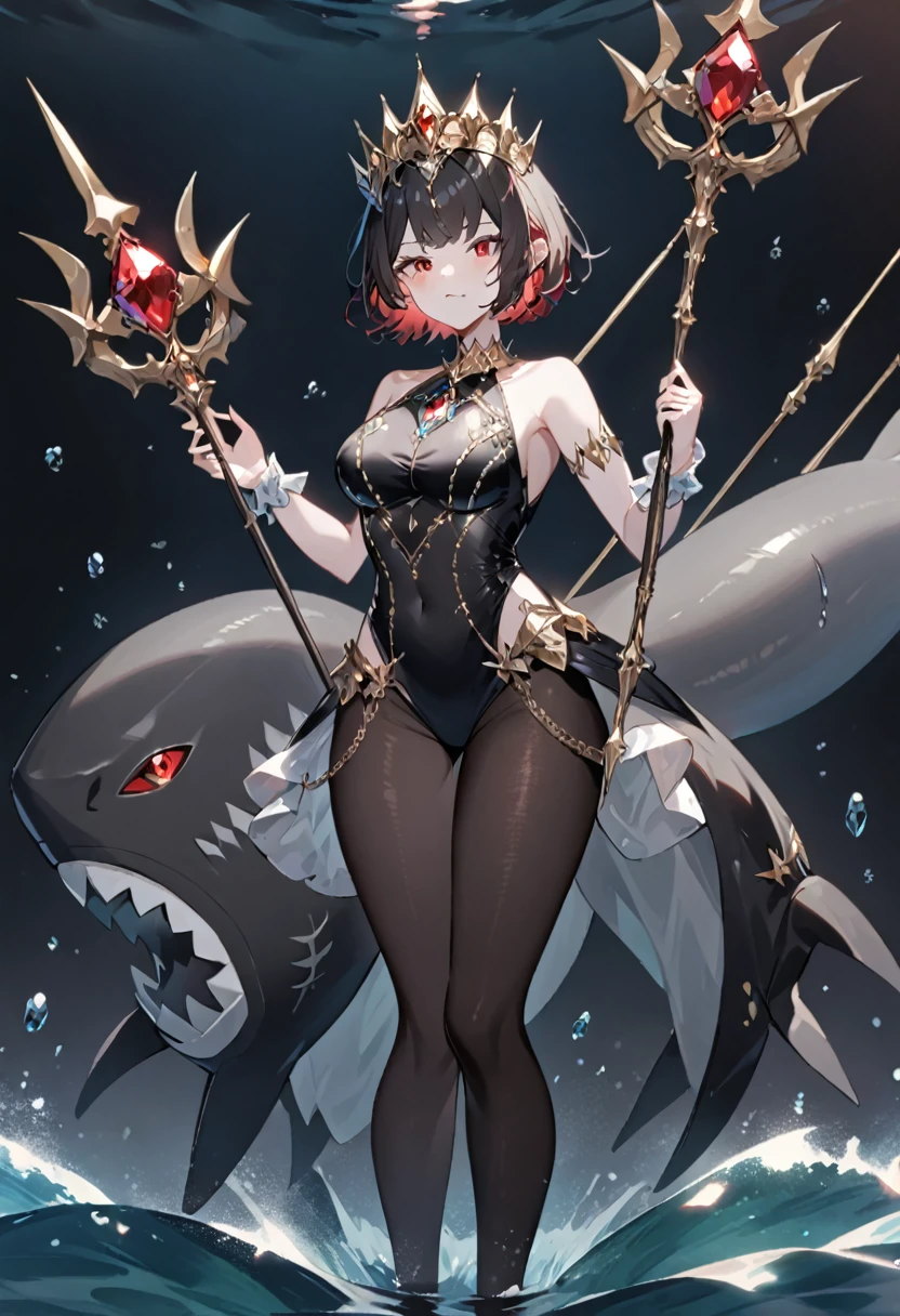 A queen，Stand on the water，short hair，Red eyes，Full figure，chest，Black pantyhose，Jewel swimsuit，Black shark tail，A scepter