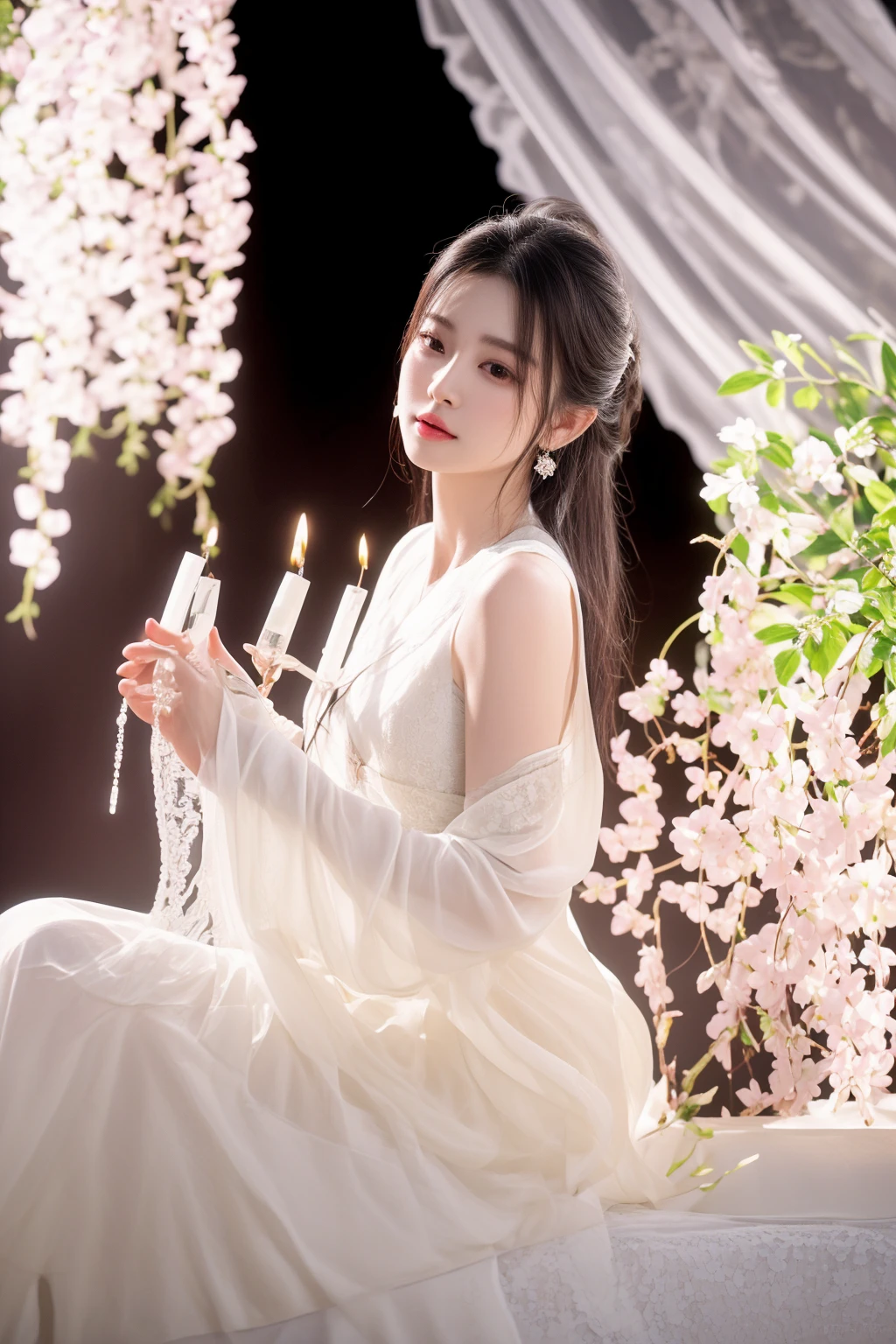 araffe woman in a white dress sitting on a ledge with a glass of wine, white hanfu, palace , a girl in hanfu, ethereal lighting - h 0, inspired by Huang Ji, full body xianxia, sha xi, xianxia fantasy, inspired by Tang Yifen, heise-lian yan fang, ethereal beauty