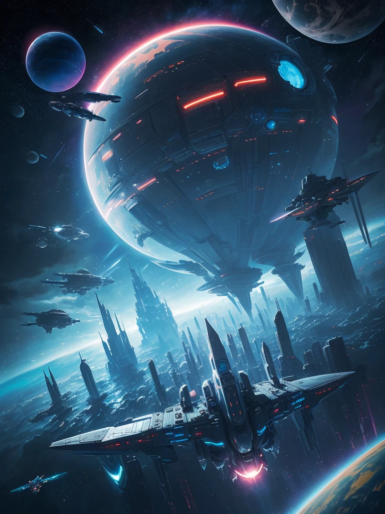 spaceship flying over a planet with a star in the background, futuristic orbital station!!!!, futuristic space station, space elevator, futuristic space port, floating city in the sky, scifi space station, inspired by Stephan Martiniere, futuristic scifi, inspired by Stephan Martinière, russian orbit city cityscape, orbital station, space port city, by Peter Elson, space station