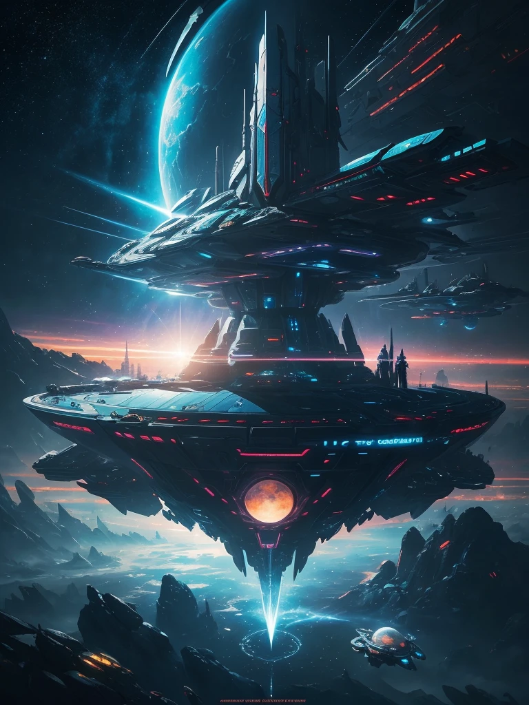 spaceship flying over a planet with a star in the background, futuristic orbital station!!!!, futuristic space station, space elevator, futuristic space port, floating city in the sky, scifi space station, inspired by Stephan Martiniere, futuristic scifi, inspired by Stephan Martinière, russian orbit city cityscape, orbital station, space port city, by Peter Elson, space station
