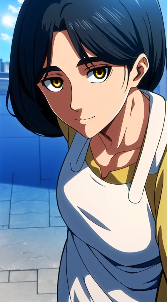 Carla Yeager innocent happy look,(day:1.7), a city with a lot of buildings and a sky background with clouds in the background and a blue sky, architecture,
Standing at attention, at the roof,
Yellow Shirt,collarbone, long sleeves,White apron,
black Hair, brown eyes, Bangs, single braid,
1 girl, 20yo,Young female,Beautiful Finger,Beautiful long legs,Beautiful body,Beautiful Nose,Beautiful character design, perfect eyes, perfect face,expressive eyes,
looking at viewer, in the center of the image,(Upper_body),(close-Up),(Focus on her face),
official art,extremely detailed CG unity 8k wallpaper, perfect lighting,Colorful, Bright_Front_face_Lighting,shiny skin,
(masterpiece:1.0),(best_quality:1.0), ultra high res,4K,ultra-detailed,
photography, 8K, HDR, highres, absurdres:1.2, Kodak portra 400, film grain, blurry background, bokeh:1.2, lens flare, (vibrant_color:1.2)
(Beautiful,large_Breasts:1.4), (beautiful_face:1.5),(narrow_waist),