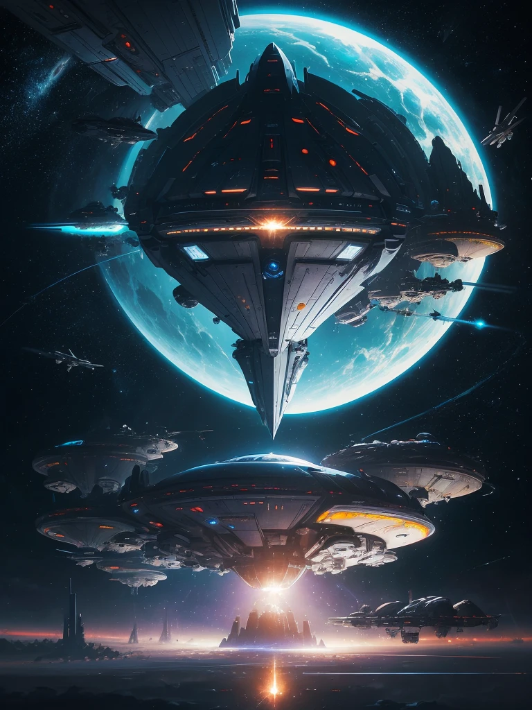 spaceship flying over a planet with a star in the background, futuristic orbital station!!!!, futuristic space station, space elevator, futuristic space port, floating city in the sky, scifi space station, inspired by Stephan Martiniere, futuristic scifi, inspired by Stephan Martinière, russian orbit city cityscape, orbital station, space port city, by Peter Elson, space station