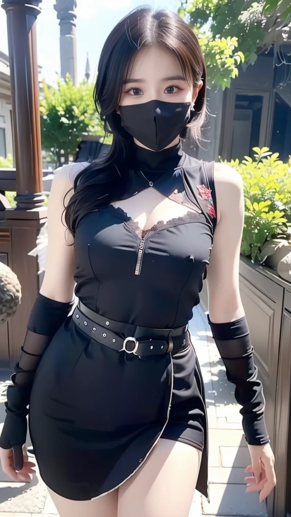 (La Best Quality,A high resolution,Ultra - detailed,actual),Ariana Grande Mosu Ninja,1 girl,Alone,standing,cowboy shot,black fur,purple shadow,old,small old,bare shoulders,face mask,mouth face mask,covered mouth,ninja face mask,japanese clothes,kimono,short kimono,heart,elbow gloves,gloves,hood,Skirt,sandals,socks,black tights,thigh strap,forest,tree,,(Ruined dungeon ruins background:1.4 ), (perfect anatomy :1.4), (Mosu Ninja :1.4), (Mosu Ninja V2.1), More detailed 8K.unreal engine:1.4,HD,La Best Quality:1.4, photorealistic:1.4, skin texture:1.4, Masterpiece:1.8,Masterpiece, Best Quality,object object], (detailed facial features:1.3),(The correct proportions),(Beautiful blue eyes:1.4),  (cowboy pose), (detailed face :1.4), (dynamic cowboy pose), (Cinematic V2.1)