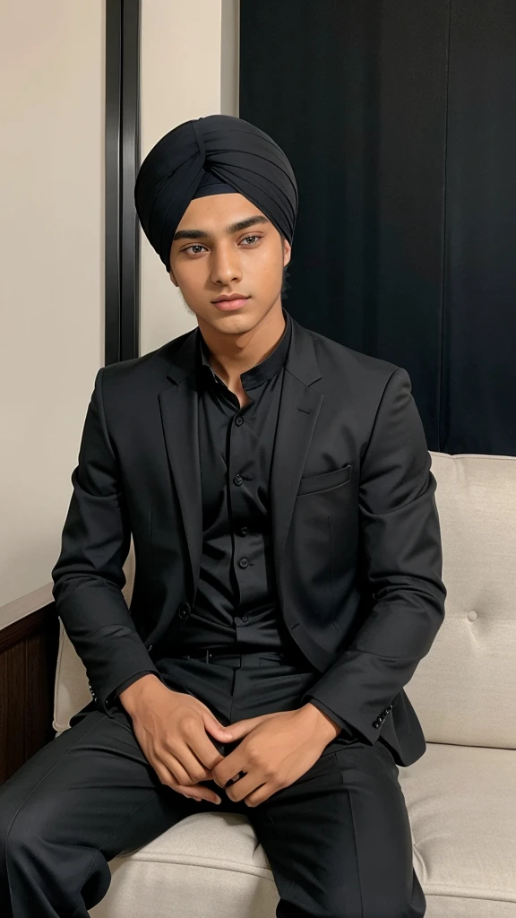 A 16 year old boy sitting on sofa wearing black suit and black pant with birthday theme and write name "aman singh"