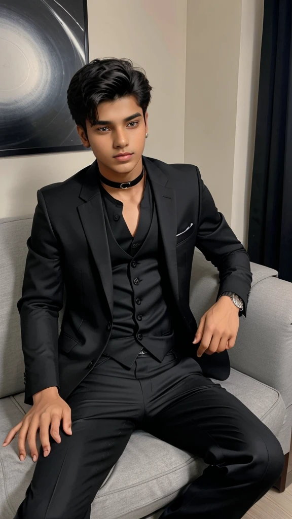 A 16 year old boy sitting on sofa wearing black suit and black pant with birthday theme and write name "aman singh"