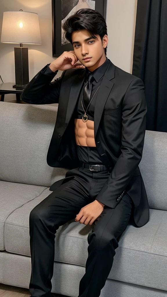 A 16 year old boy sitting on sofa wearing black suit and black pant with birthday theme and write name "aman singh"