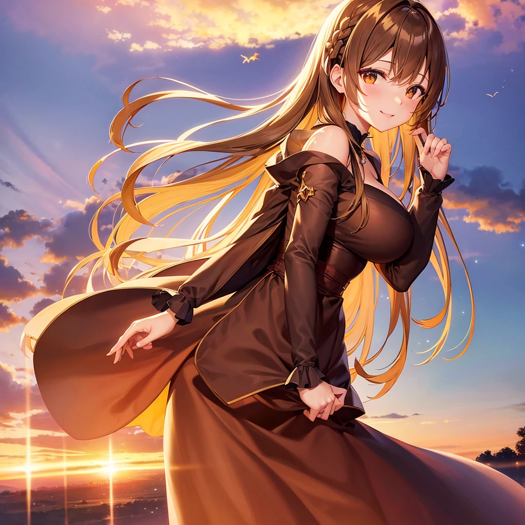 Asuna,STAR, Crown Half Up Hairstyle, woman, 、Shoulder Off、Big Breasts、Cleavage exposure、Captivating smile, Free Pose、Beautiful dress, Brown clothes, evening, Sunset sky, sunset