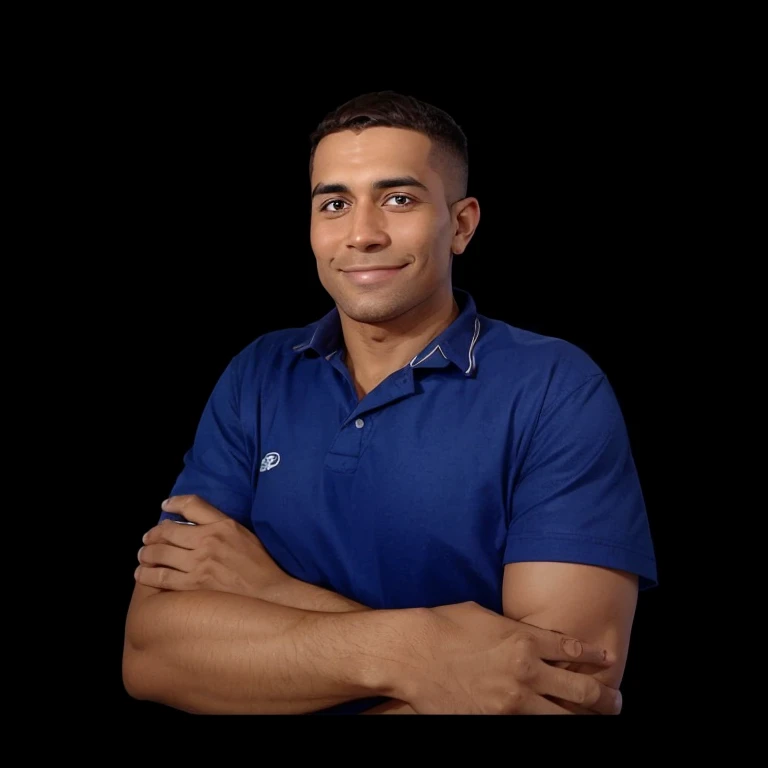 brown man 27 years old, man cartoon style brown blue shirt smiling, White background, in high quality, best qualityer
