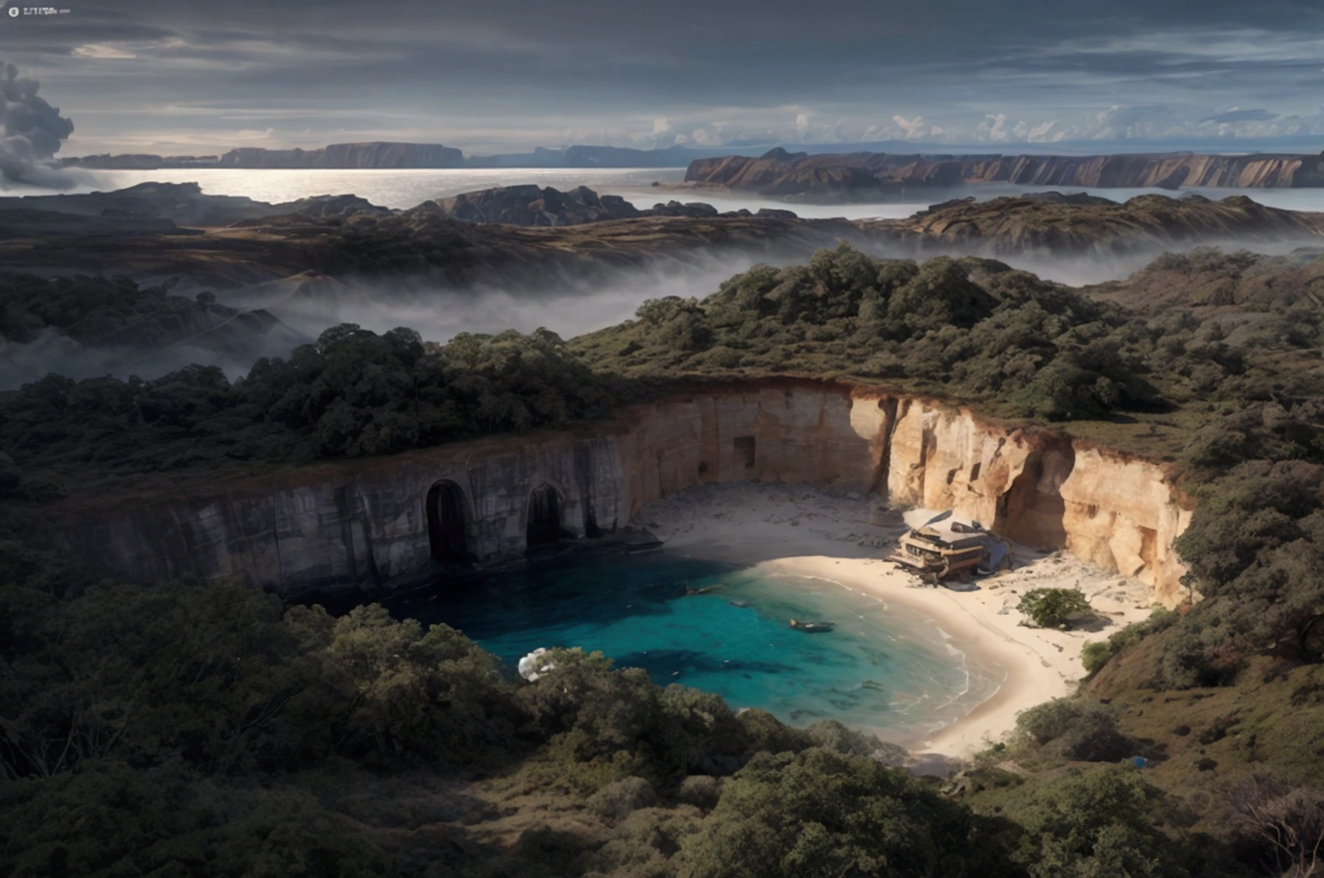 reality,live-action,Photorealistic,
masterpiece,Highest quality,8k,High resolution,Raw photo,Professional,
Physically Based Rendering,Thin contours,
(unmanned:1.3)(An unexpected island:1.2)
On land, hills and lush forests can be seen, and the sandy coast is calm. (covered in a thick fog)
Gloomy atmosphere Mysterious (Cool colors:1.1)
A distorted, mysterious light, a mysterious power quietly waiting for its time, birds flying in the sky, an atmosphere that seems to be calling and capturing something